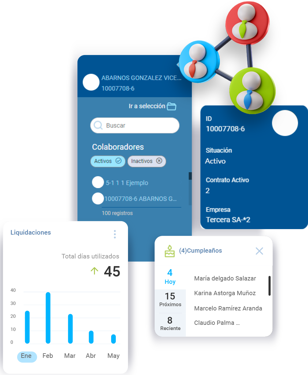 Pestañas de la plataforma de gestión de personas mostrando datos de liquidaciones, rut y actividad en la empresa.