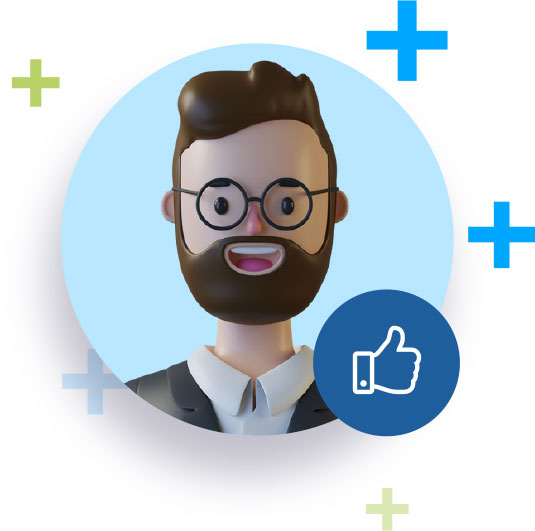 Foto de perfil de un hombre con un fondo azul y un ícono de like.