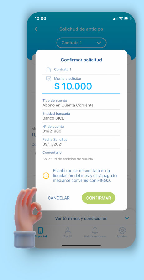 Solicitud de anticipo en la app Rex+, ventana de confirmar solicitud mostrando monto, tipo de cuenta, banco, fecha de solicitud y botón de confirmar.