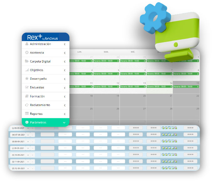 Plataforma de Bnovus en un teléfono con menú desplegable y calendario para control de asistencia. Web: Reloj control de asistencia