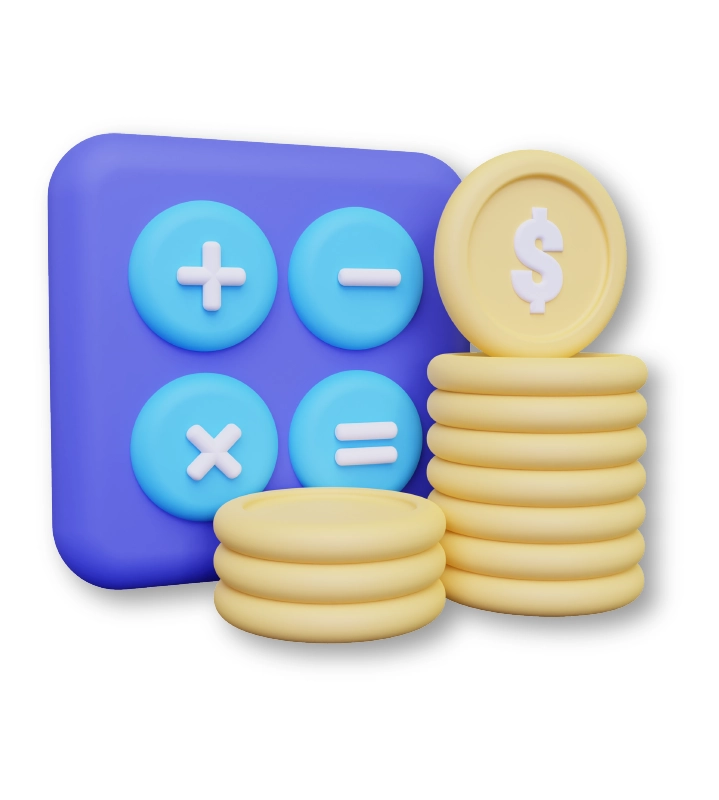 Calculadora azul con monedas haciendo una torre. Web reloj control de asistencia