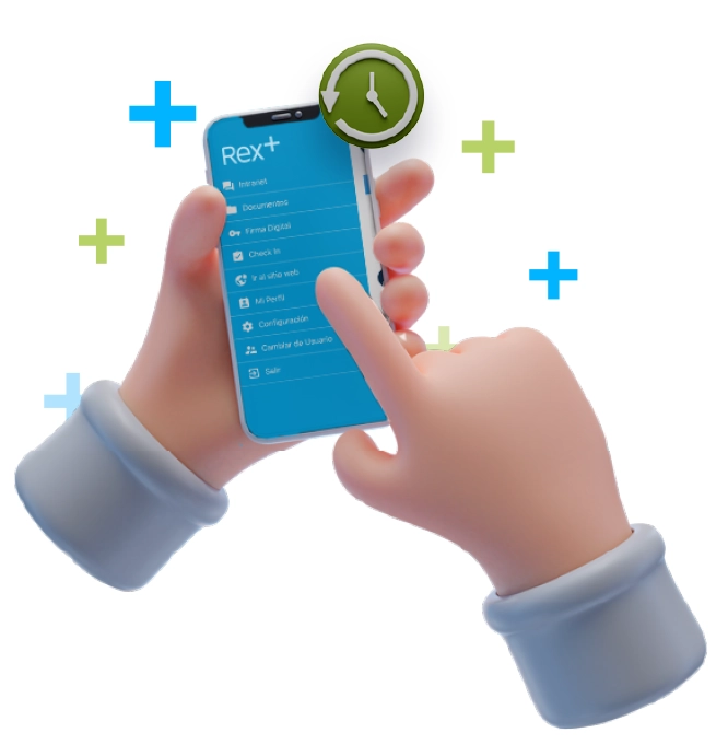Manos sosteniendo un teléfono, la pantalla muestra el menú desplegable de la app de Rex+, arriba un ícono verde de un reloj.