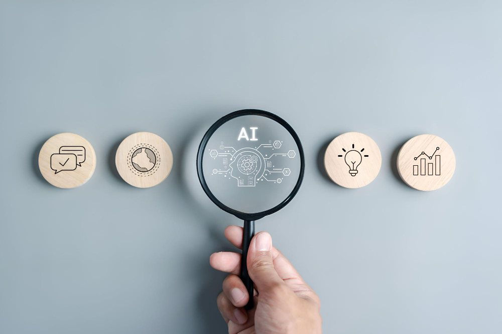 Ilustración conceptual de inteligencia artificial aplicada a procesos de RR.HH. como comunicación, tiempo, ideas y análisis de datos.