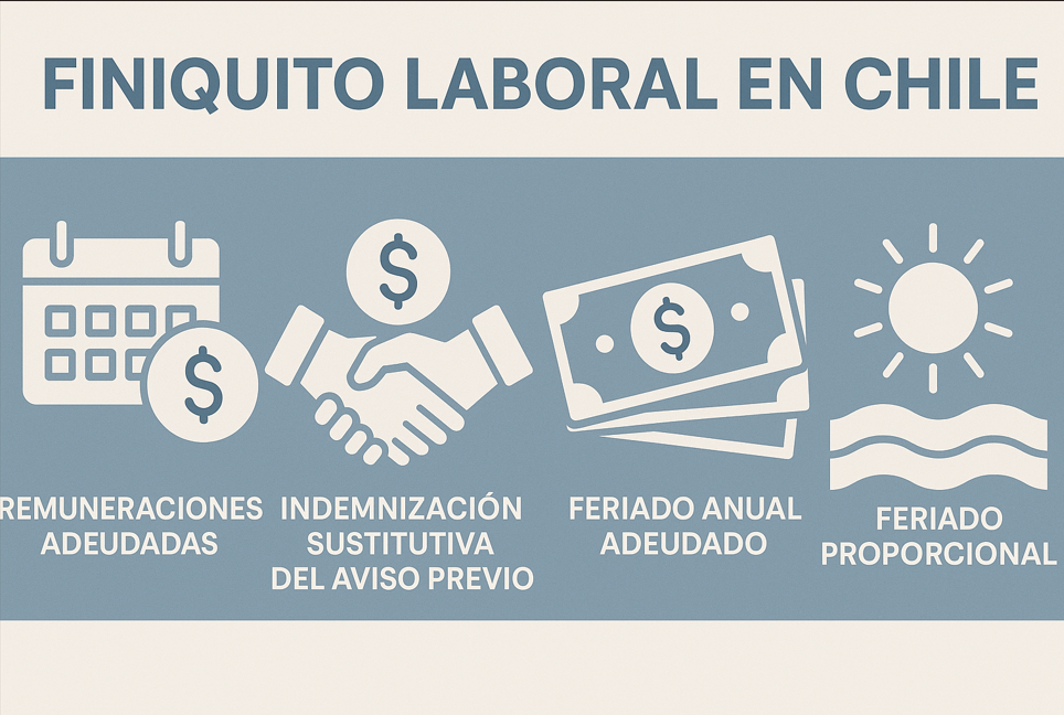Que se paga en el finiquito laboral chileno: Remuneraciones adeudadas, Indemnización sustitutiva del aviso previo, Indemnización por años de servicio, Feriado anual adeudado, Feriado proporcional.